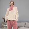 FLEECE Pajama набор женщин сплошной с длинным рукавом зима махровые дамы Pijama костюм 2 шт с брюками густой теплой домашняя одежда женщина 211215