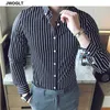 Осень Корейский мода повседневная кнопка вниз рубашка мужчины дизайн бренда Slim Fit Man рубашки с длинным рукавом полосатый 210721