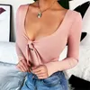 Sexy Tie V Neck Thread Knitting Bodysuit Women Pink Long Sleeve Rompers Womens Jumpsuit Casual One-pieces Bodysuits 210430