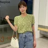 Neploe Sommer Strick T-shirt Elegante Blume Crop Tops Frauen Koreanische Mode Frau Kleidung Kurzarm T-stücke Jacquard Dünne Pullover 210422