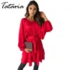 Mode Satin froncé noir Mini robe pour femmes rouge col en v lanterne manches robes sexy grande taille Paty dames Streetwear Vestidos 210514