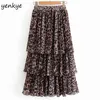 Vintage Leopard Cake Rok Dames Elastische Hoge Taille Casual geplooid Lange Jupe Longue DJF9050 210514