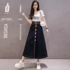 Saias 2021 Spring e Summer Feminino Botão Casual A-line Jeans Jeans High Caist Long Maxi com mulheres