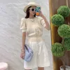 Puff Sleeve Top Jacquard Daisy Sweater Tunn T-shirt Kort All-Match Thin Summer Fashion Women's Clothing 210520