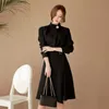 Arrival Autumn Women Elegant Button Stand neck Belted Long Sleeve Work Business Party black wine red Split Dress Vestidos 210529