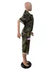 Kvinnors Jumpsuits Rompers Camouflage Rolled Up Kortärmad Kalv Längd Playsuit Fashion Women Front Zipper med fickor Romper One Piece