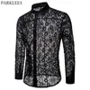 Luksusowy Kwiatowy Haft Koronki Koszula Mężczyźni Marka Przezroczysta Seksowna Dress Męskie Patrz Klub Klubu Czarny Mężczyzna 210721
