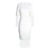 White Dress O Neck Long Lantern Sleeve Hollow Out Women Elegant Office Lady Wear Solid Color Midi Length Dresses Plus Size 2XL 210527