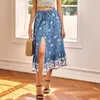 Summer Bohemian Vintage Half-length Midi Skirt Women Floral Print Sexy Split High Waist Casual Ladies Beach Boho Skirts 210608