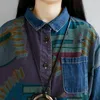 Płaszcze damskie okopy johanature retro patchwork Druk dżinsowy kołnierz długim rękawem 2022 Autumn Lose Wygodna koszula