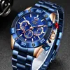 Lige Fashion Blue Mens Klockor Top Märke Luxury Clock Sports Chronograph Vattentät Quartz Watch Men Relogio Masculino 210804