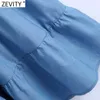 Zevity Women Vintage O Neck Solid Pleats Denim Casual Kimono Dress Female Chic Puff Sleeve Retro Straight Vestido DS5067 210603