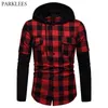 Red Black Plaid Hoodie Shirt Men Fashion Fake Two Pieces Check Hooded s Mens Hipster Streetwear With Pockets Xxl 210721