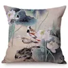 Chinese Vintage Watercolor Painting Lotus Cushion Cover Beautiful Elegant Home Decorative Summer Flowers Bird Throw Pillow Case Cushion/Deco