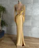 Gold Mermaid Satin Evening Dresses Appliques Long Sleeves Shiny Beads Crystals High Split Party Prom Gowns Robe De Soiree