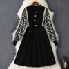 2022 Spring Long Sleeve Lapel Neck Black Contrast Color Print Knitted Panelled Buttons Knee-Length Dress Elegant Casual Dresses 21S13B441