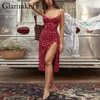 Glamaker imprimé floral sexy moulante robe fendue haute femmes nouvelle robe courte sans manches Party club élégant dos nu vestidos 210325