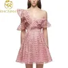 Self Portrait Luxury Runway Dress New Arrival Asymmettical Neck One-Shoulder Lace Hollow Out Patchwork Runway Pink Dress 210325