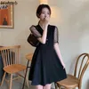 Coreano Vintage Women Midi Dress Summer Polka Dot Mesh Puff Sleeve con scollo a V Fashion Ladies Abiti neri Abiti Femme 210519