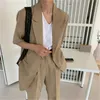 Summer Vintage Casual Korean Women Two Piece Blazer Suits Sets Short Sleeve + High Waist Wide Leg Suit Pants Outfits 210513