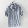 Men Summer Fashion Japan Style High Quality Cotton Linen Short Sleeve Hooded Stripe Casual T-shirts Student Top Male Casual Tee 210726