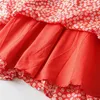 Tatlı Seksi V Boyun Çiçek Baskı Kırmızı Mini Elbise Ruffles İpli Kravat Backless Kolsuz Kadın Elbiseler Vestidos 210430