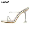 Sexy PVC Women Shoes Summer Peep Toe Fashion Spike Heels Slippers Shallow Metal Decoration Solid Outside Elegant 210507