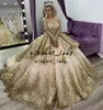Champagne Gold Bead 2022 Quinceanera Klänningar Lace Up Appliqued Långärmad Boll Gown Prom Party Wear Sweet 16 Dress Vestidos