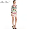 Fashion Designer Dress Summer Women's dress Long sleeve Mesh Floral-Print Beaded Slim Package hip Sexy Dresses 210524
