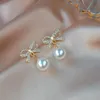 Stud Elegante Mode Bowknot Vergulde Pearl Drop Dangle Oorbellen Voor Vrouwen Bruids Bruiloft Engagement Party Sieraden Gift