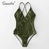 Seaselfie Army Green Baddräkt Sexig Solid Öppna Bak Baddräkt Kvinnor Monokini Bodysuit Badkläder Beachwear 210712