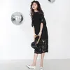 [EAM] Women Lace Hollow Out Long Black Dress Round Neck Half Sleeve Loose Fit Fashion Spring Autumn Q09101 210512
