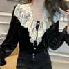 Kimutomo Women Vintage Velvet Blouse Spring Autumn Korea Chic Female V-neck Lace Patchwork Flare Sleeve Shirt Casual 210521