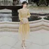 Midi Vintage Long Women Dress Elegant Mid-calf Sailor Collar Fit and Flare Yellow Vestidos Sleeve Spring 210603