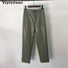 Yiyiyouni Hohe Taille PU Leder Hosen Frauen Casual Zipper-Up Gerade Hosen Schwarz Weiß Taschen Weibliche 210925