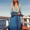 Women Dress Patchwork Chiffon Ruffles Long Sleeve High Waist Blue Vintage es Plus Size Bohemian Beach es 210513