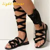 Sandaler Kvinnor Gladiator Knä Hög Öppna Toe Lace Up Cross Strappy Heels Fashion Sexy Skor Damer