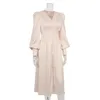 패션 디자인 여성의 봄 가을 실크 새틴 랜턴 슬리브 v- 넥 하이 허리 맥시 긴 캐주얼 드레스