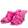 Genuine Real Women Ladies 2021 Leather High Heels Summer Casual Sandals Flip-flops Buckle Wedding Dress Gladiator Sexy Shoes Fuchsia Rose Red Big Size 34-44 67942