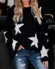 Qooth Plus Size Printed Five-pointed Star Pullover Sweater Womens Fall Winter Loose All Match Fashion QT666 210609