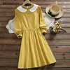 Japanese Mori Girl Autumn Winter Women Cute Dress Peter Pan Collar Plaid High Waist Vestido Long Sleeve Kawaii Sweet 210520