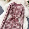 Womme plaid houndstooth gebreide jurk herfst mode retro gebreide trui gewaad werk streetwear winter bodycon plaid jurk G1214