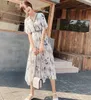 Letnia damska Vintage etniczne styl V-Neck Drukuj Szyfonowa Dress Moda Wysoka Talia Casual Slim Sukienki Szata 210518