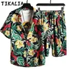 Mężczyźni Dres Lato 2 sztuki Zestaw Kwiatowy Spodenki Print Zestaw Mężczyźni Casual Plażowa Ubrania Moda Odzież Męskie Letnie Ubrania Cool 210806