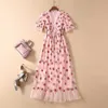 Sexy V-Neck Belt Strawberry stamping Short Sleeve Party Mid-Length Dress Net Yarn Summer Women'S Clothing 210623