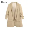 Повседневная твердая пиджака женская верхняя одежда шаль воротник кармана офисное пальто леди три четверти рукав элегантный Feminino 210515