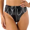 Mutandine da donna Slip in lattice effetto bagnato da donna Pantaloni con cerniera a vita alta Pantaloncini con bottino in catena di metallo Lingerie erotica Nightclub Clubwear