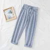 Korean High Waist Jeans Women Harem Pants Loose Casual Plus Size High Street Denim Female Trousers with Belt Classic Streetwear 210619