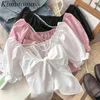 KIMUTOMO Sweet Wild Blouse Meisjes Back Bow Lace Up Pearl O-hals Puff Sleeves Korte Solid Shirt Zomer Elegant Koreaans Chic 210521