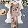 YuooMuoo Ins Fashion Solid Schlitz Stricken Frauen Kleid 2021 Neue Herbst Winter Elegante Dünne Elastische Party Kleid Damen Kleider Y1006